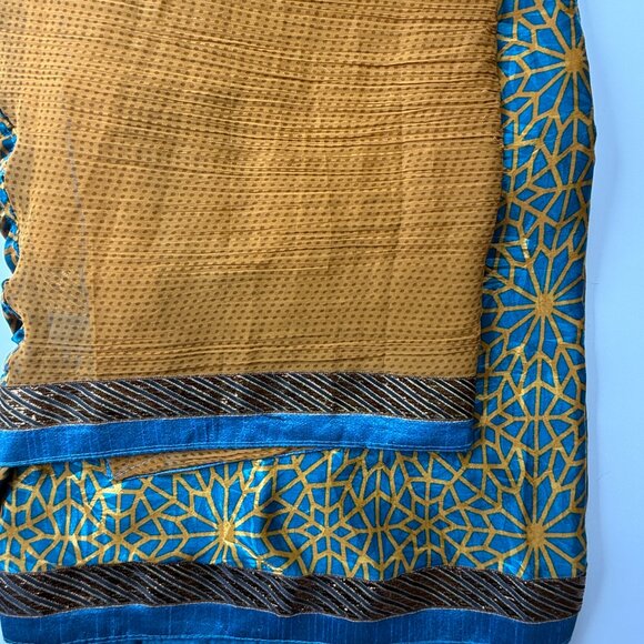 Orange Saree with Royal Blue Accents & Gold Embroidery | Festive Indian Wear - Picture 3 of 8